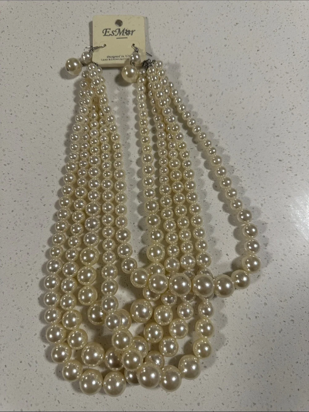 EsMar -Multi Strand Faux Pearl Necklace and Earrings Set